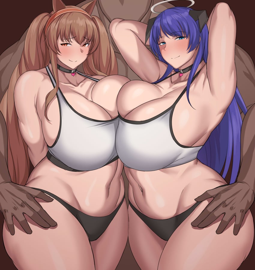 1boy 2girls angelina_(arknights) animal_ears arknights blush breasts cheating clothing cuckold dark-skinned_male dark_skin female ffm_threesome fox_ears fox_girl fully_clothed gigantic_breasts hand_on_hip horns huge_breasts imminent_sex interracial kemonomimi light-skinned_female light_skin looking_at_viewer love321 male male/female mostima_(arknights) netorare ntr revealing_clothes standing threesome tight_clothing venus_body voluptuous