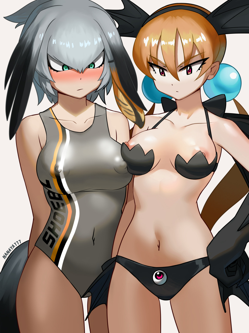 2girls alisa_southerncross almost_yuri blue_eyes blush bra brown_hair female_only green_eyes kemono_friends keroro_gunsou large_breasts multiple_girls nanaya777 nipple_slip one-piece_swimsuit shoebill_(kemono_friends) twintails