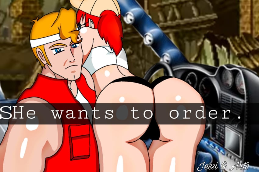 1boy ass black_panties blonde_hair blue_eyes female fio_germi he_wants_to_order jgm_arts marco_rossi meme metal_slug military military_hat red_hair snapchat snk video_game_character video_games