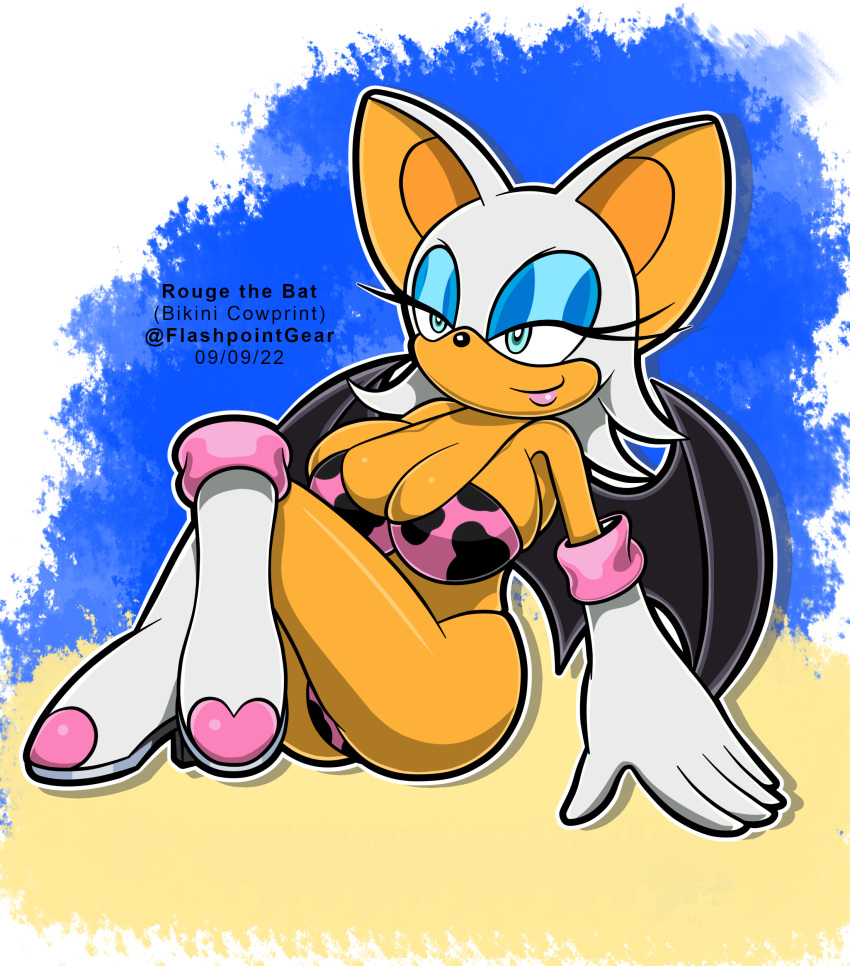 1girls alternate_breast_size alternate_costume bat_girl bat_wings big_breasts big_butt bikini breasts cleavage cow_bikini cow_print female female_only flashpoint_gear_(artist) furry rouge_the_bat sega sonic_(series) sonic_the_hedgehog_(series)