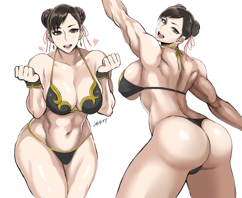 1girls abs ass big_ass big_breasts big_butt bikini bikini_top brown_eyes brown_hair chun-li clothed clothed_female clothes clothing cuffs_(clothing) earrings fat_ass female female_only fully_clothed heart mature_female milf muscles muscular muscular_female plain_background revealing_clothes shibusun signature smile solo street_fighter street_fighter_v swimsuit thick thick_thighs thong thong_bikini white_background