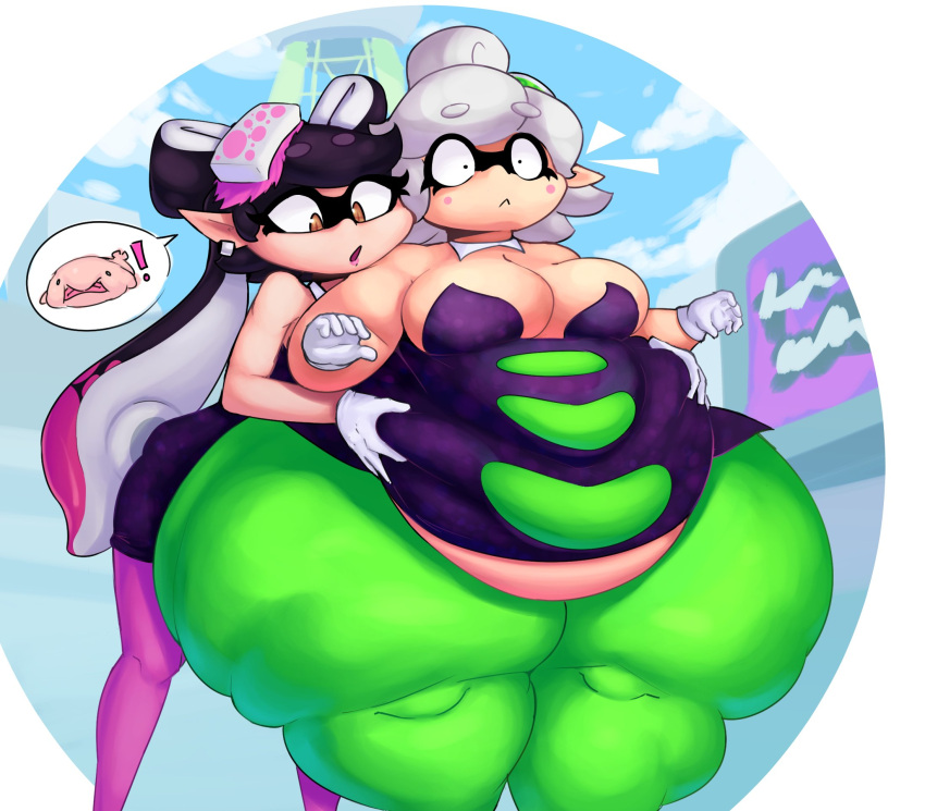 2021 2girls bbw belly belly_overhang big_breasts breasts callie_(splatoon) cleavage female_focus female_only gloves groping groping_belly groping_from_behind hips huge_belly huge_thighs marie_(splatoon) mysterydad nintendo obese obese_female overweight overweight_female plump splatoon splatoon_(series) surprised thick_thighs thighs voluptuous wide_hips