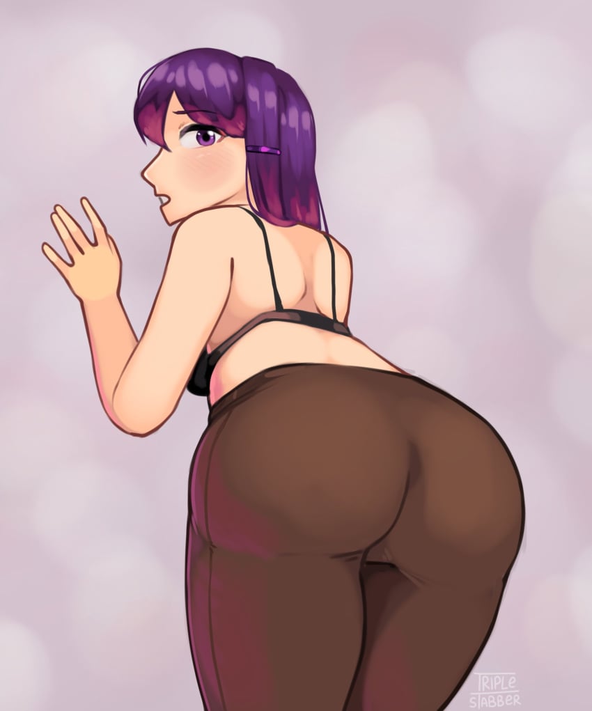 1girls arm_up big_ass black_bra black_bra_straps black_leggings bra bra_straps doki_doki_literature_club fat_ass female leggings purple_eyes purple_hair solo triplestabber yuri_(doki_doki_literature_club)