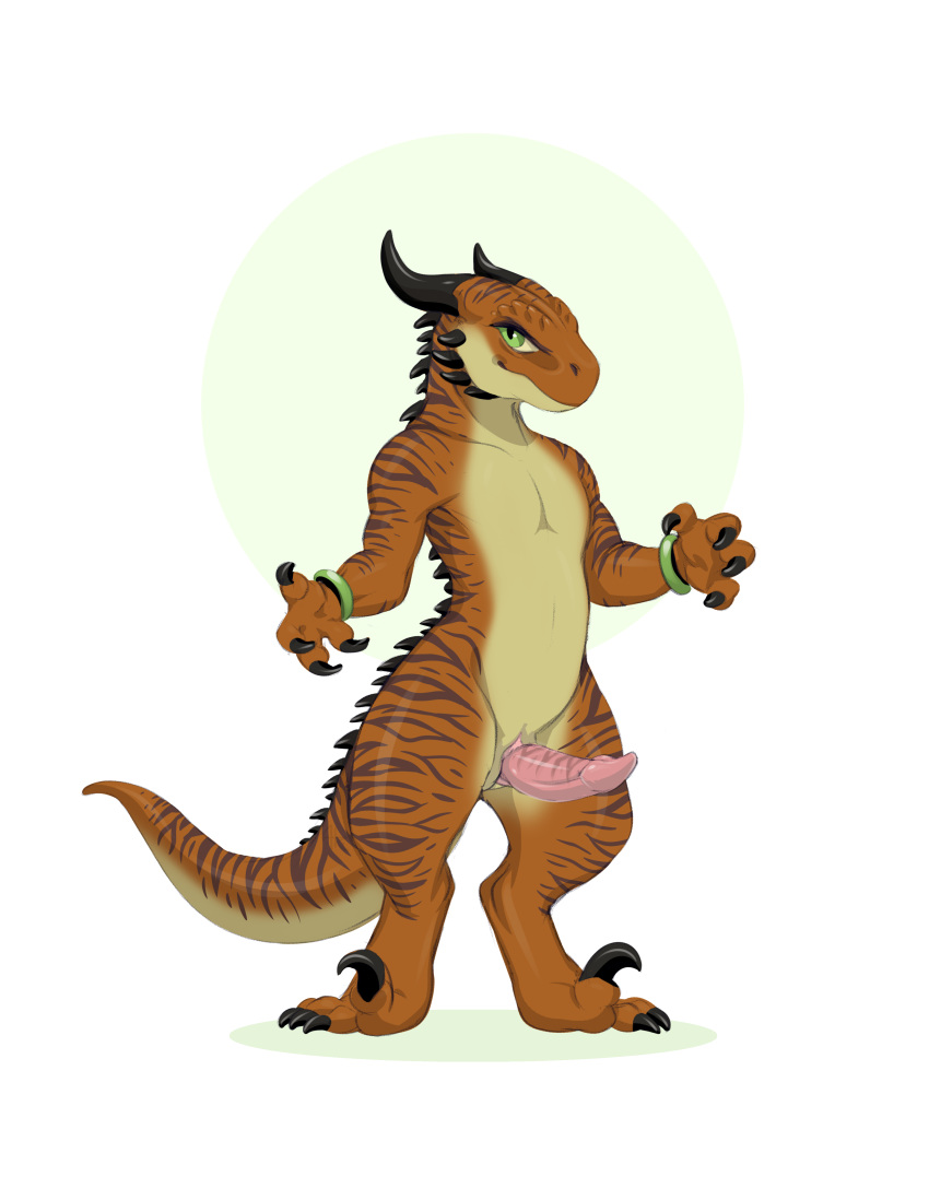 absurd_res caught dinosaur dragon drakkor dromaeosaurid genitals hi_res invalid_tag kobold male penis presenting reptile scalie size_difference stripes tail theropod