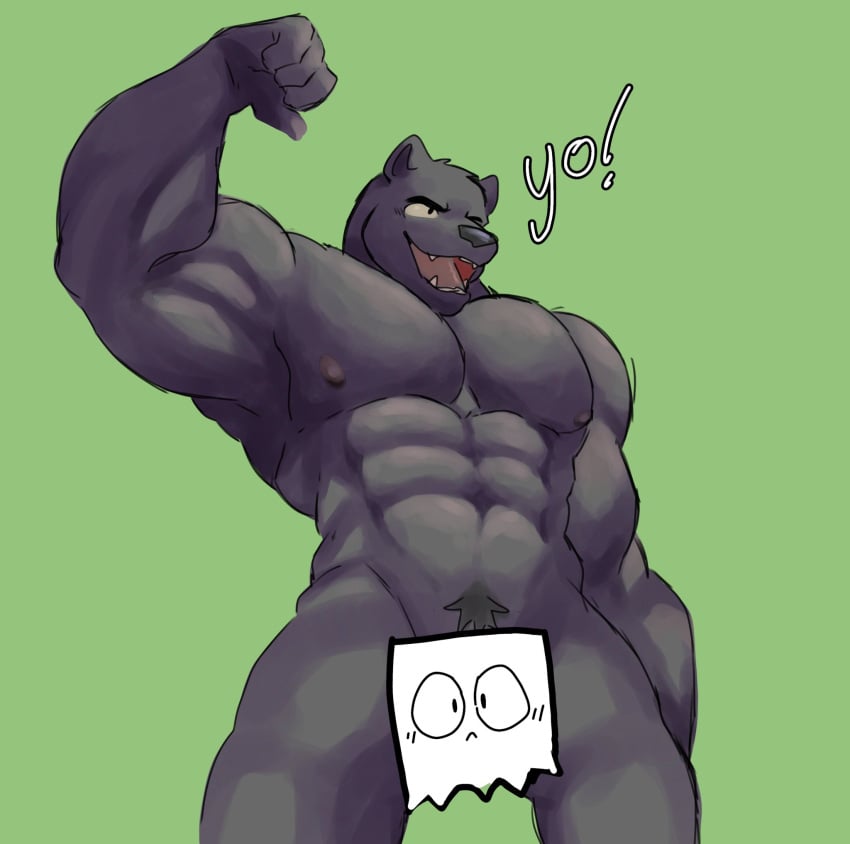 1boy abs anthro bear black_body black_fur black_nose censored censored_penis d3nji fist furry grey_fur ice_xhan male male_focus male_only mammal muscular muscular_arms muscular_legs muscular_male naked nipples nude original_character pecs ursid