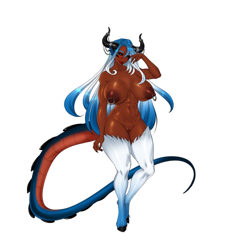 1girls abs big_breasts black_nails black_sclera blue_hair breasts corruption_of_champions corruption_of_champions_ii dark-skinned_female female female_only fit_female green_eyes horns huge_breasts kasyrra nipple_rings nipples pierced_nipples pussy solo succubus tail