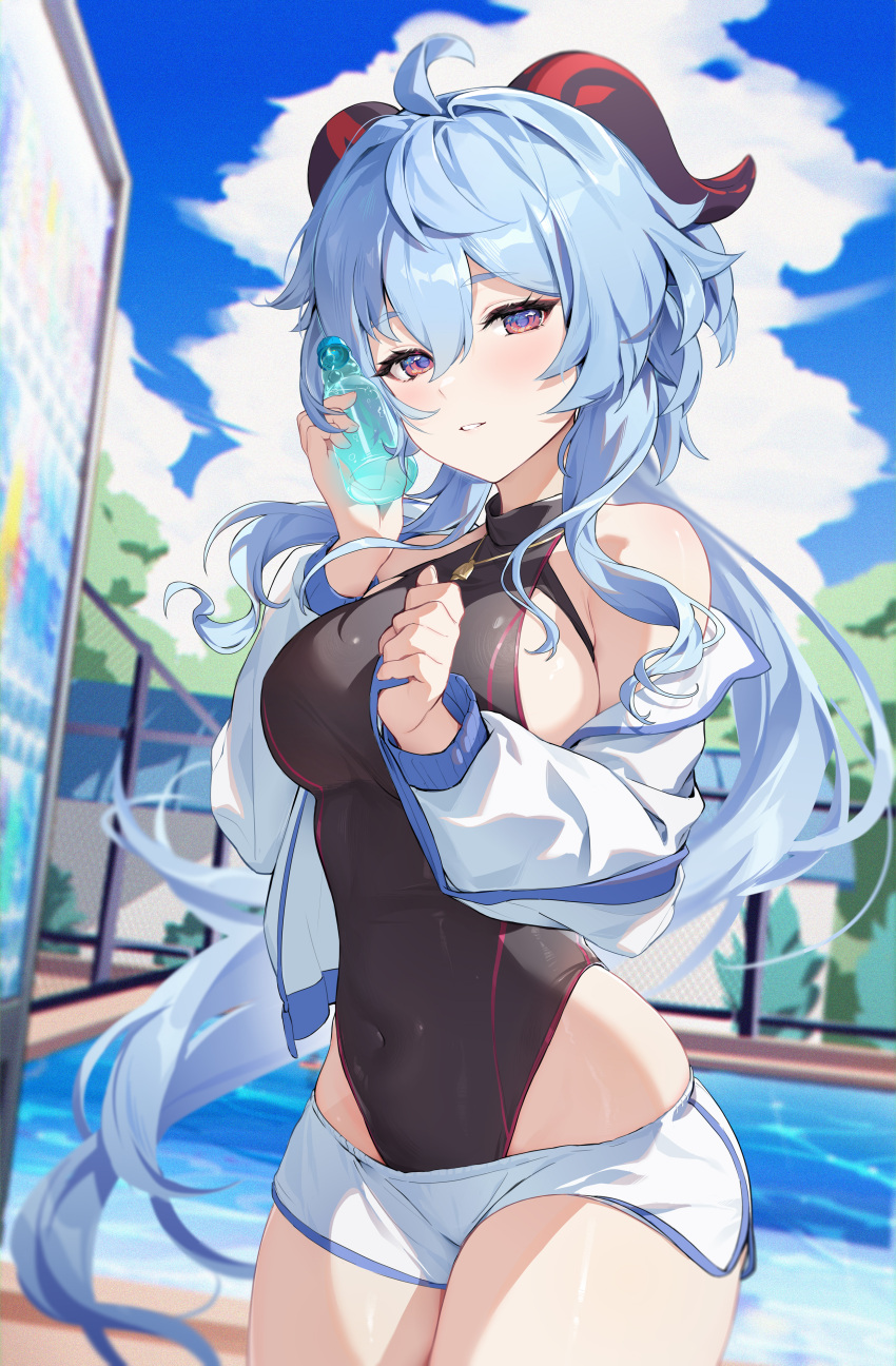 big_breasts blue_eyes breasts clothed clothed_female ganyu_(genshin_impact) genshin_impact horns houk1se1 houkiboshi_(mmjw7432) light_blue_hair long_hair sleeves swimsuit thick_thighs thighs wide_hips wide_thighs