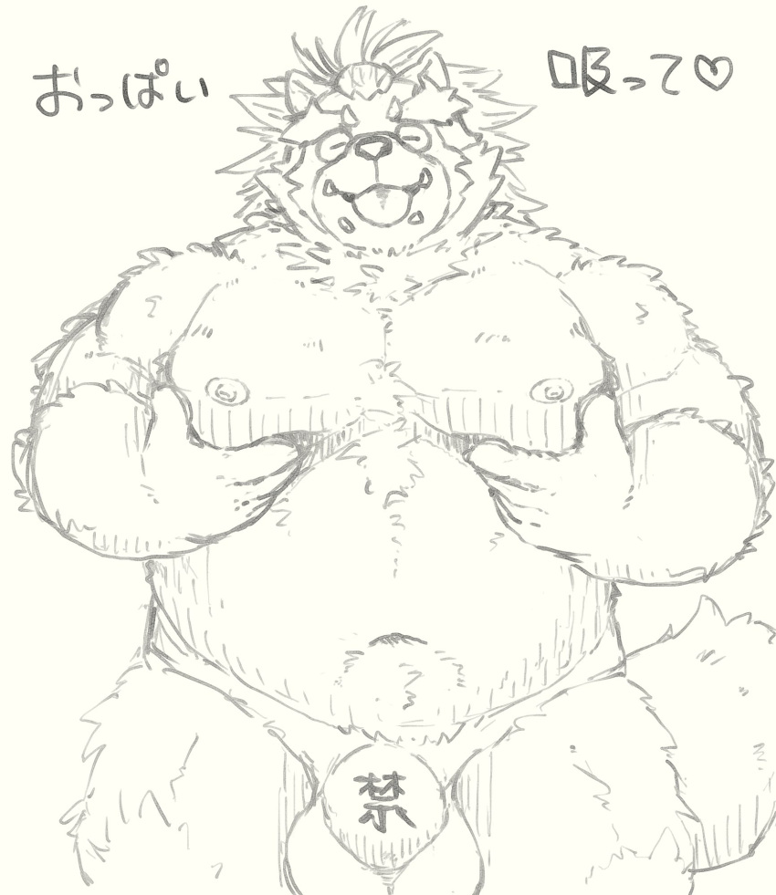 2022 anthro belly big_belly bulge canid canine clothing g_atmosphere goemon_(tas) hi_res japanese_text kemono lifewonders male mammal moobs navel nipples overweight overweight_male raccoon_dog solo tanuki text tokyo_afterschool_summoners tongue tongue_out underwear video_games