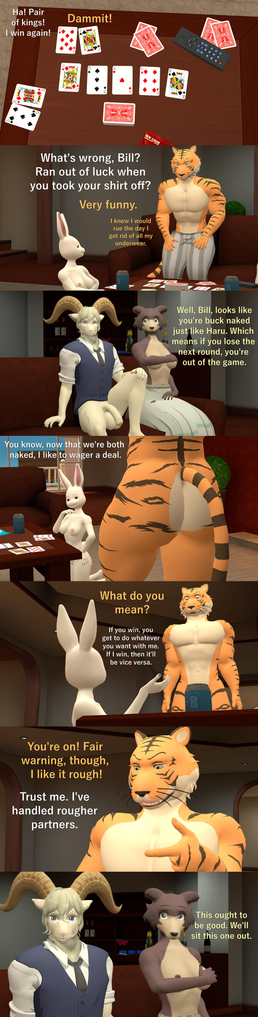 3d_(artwork) absurd_res anthro balls beastars bill_(beastars) bottomless bovid breasts canid canine canis caprine clothed clothing comic dialogue digital_media_(artwork) english_text felid female genitals group haru_(beastars) hi_res juno_(beastars) lagomorph leporid male mammal nude pantherine papadragon69 penis pina_(beastars) rabbit text tiger topless wolf