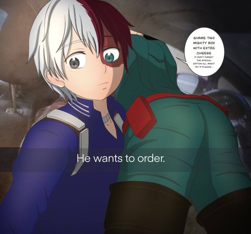 2boys ass ass_focus ass_up belt bent_over big_ass blue_eyes bromance burn_scar car comedy costume english_text funny green_hair grey_eyes he_wants_to_order indoors izuku_midoriya looking_at_viewer male_ass meme my_hero_academia ordering_food red_hair scar scar_on_face shounen_jump shouto_todoroki snapchat teenage teenage_boy teenager text text_bubble white_hair yaoi