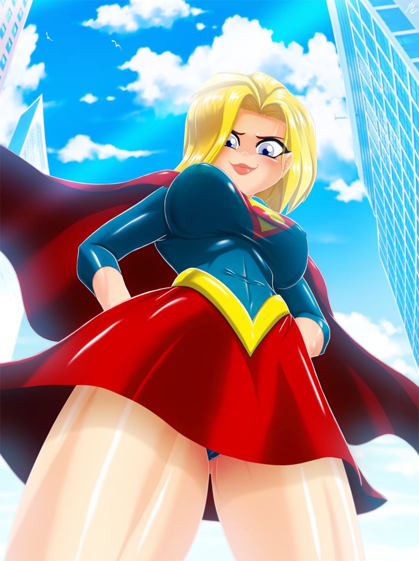 1girls 2022 abs ass_visible_through_thighs athletic athletic_female big_breasts blonde_hair blue_eyes blush breasts cameltoe dc dc_comics dc_super_hero_girls erect_nipples female female_only kara_danvers_(shg) kryptonian light-skinned_female looking_at_viewer low-angle_view mauroz panties perky_breasts pokies short_hair supergirl_(shg) thick_lips thick_thighs upskirt wide_hips