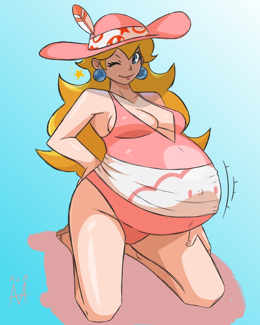 1girls arbrianarchy belly big_belly blonde_hair breasts cape_feather cleavage female hat mario_(series) nintendo one-piece_swimsuit pregnant princess_peach super_mario_world