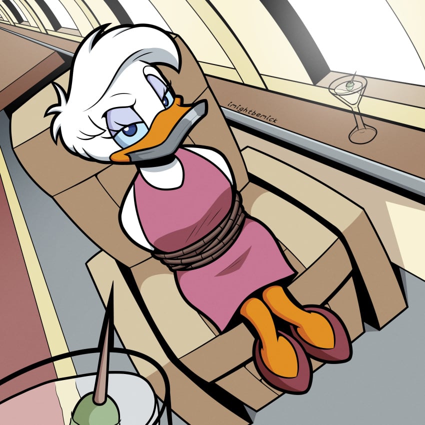 arms_tied_behind_back blue_eyes bondage daisy_duck disney femsub gag gagged imightbemick looking_at_viewer soft_feathers tape_gag white_hair