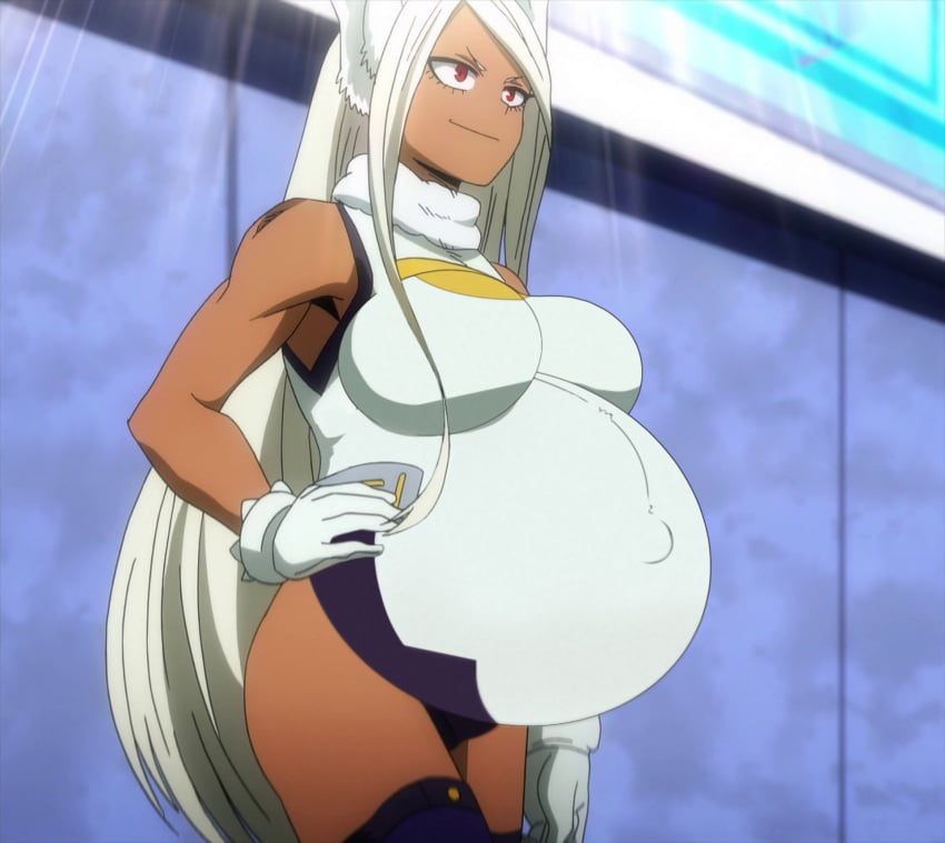 1girls belly big_belly big_breasts breasts bunny_ears dark-skinned_female dark_skin edit female hand_on_hip miruko morphtothetop my_hero_academia pregnant pregnant_milf red_eyes rumi_usagiyama screenshot_edit