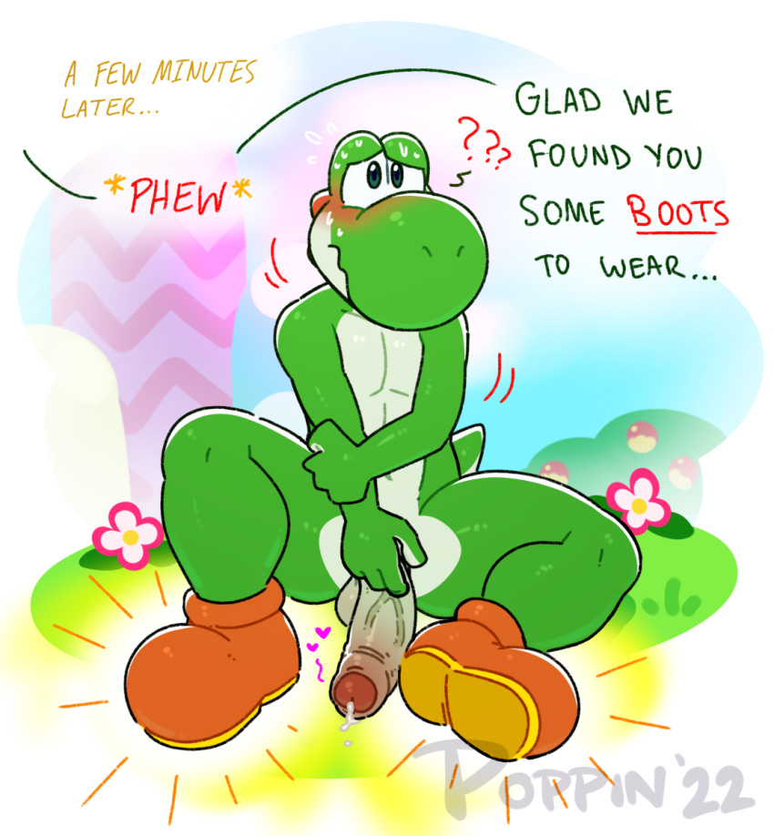 anthro balls blush bodily_fluids boots boots_only clothing dialogue english_text erection flower footwear footwear_only foreskin genital_fluids genitals heart hi_res humanoid_genitalia humanoid_penis male male_only mario_(series) mostly_nude nintendo outside penis plant poppin precum question_mark sitting solo super_mario_bros. sweat sweatdrop text uncut vein veiny_penis video_games yoshi