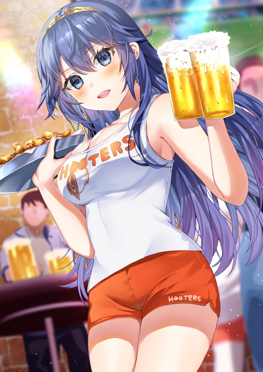 1boy 1girls alcohol alternate_breast_size alternate_costume bangs bare_thighs beer blue_eyes blue_hair blurry blurry_background blush breasts chicken_(food) cleavage commission cowboy_shot cup female female_only fire_emblem fire_emblem_awakening food highres holding holding_cup holding_tray hooters long_hair looking_at_viewer lucina_(fire_emblem) medium_breasts nintendo no_legwear open_mouth orange_shorts shirt short_shorts shorts skeb_commission sleeveless sleeveless_shirt symbol_in_eye teeth thighs tiara tray upper_teeth white_shirt yam_(yamap_mako)