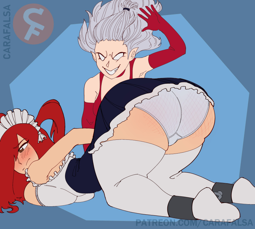 2girls big_ass big_butt blush breasts_on_floor carafalsa erza_scarlet face_down_ass_up fairy_tail female female_only gloves legwear maid maid_headdress maid_uniform mirajane_strauss multiple_girls panties red_gloves red_hair smile spanking spanking_ass thick_thighs thighhighs watermark white_hair white_legwear white_panties white_thighhighs yuri