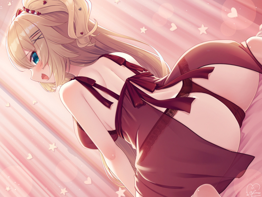 akai_haato ass back_view bangs bed big_ass blonde_hair camisole curtains dutch_angle female female_only highres hololive hololive_gen_1 hololive_japan intimate_distance lingerie long_hair looking_at_viewer looking_back magowasabi negligee on_bed ribbon see-through sheets sitting_on_bed solo solo_female underwear virtual_youtuber voluptuous wide_hips