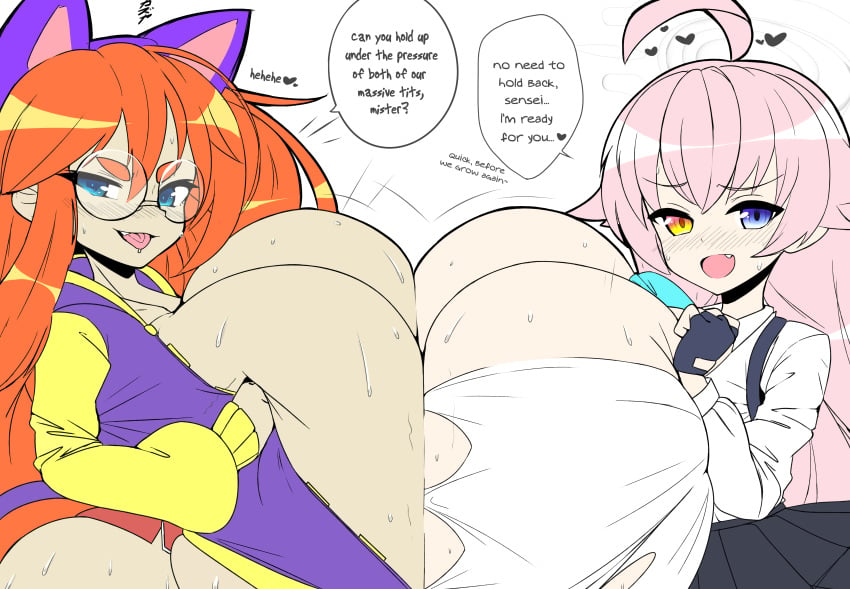 1boy 2girls a_hat_in_time aged_up ahoge big_breasts blue_archive blue_eyes blush breast_docking breast_expansion breast_squeeze cat_ears catgirl clothed clothed_paizuri clothed_sex dialogue female ffm_threesome gigi_(kazuya_zoey) ginger glasses gloves hat_adult hat_kid heterochromia hoshino_(blue_archive) huge_breasts hyper_breasts jacket kazuya_zoey large_breasts looking_at_viewer male massive_breasts original original_character paizuri paizuri_lead_by_female paizuri_over_clothes pink_hair pov pov_eye_contact purple_jacket red_hair skirt smile sweat symmetrical_docking threesome tongue tongue_out