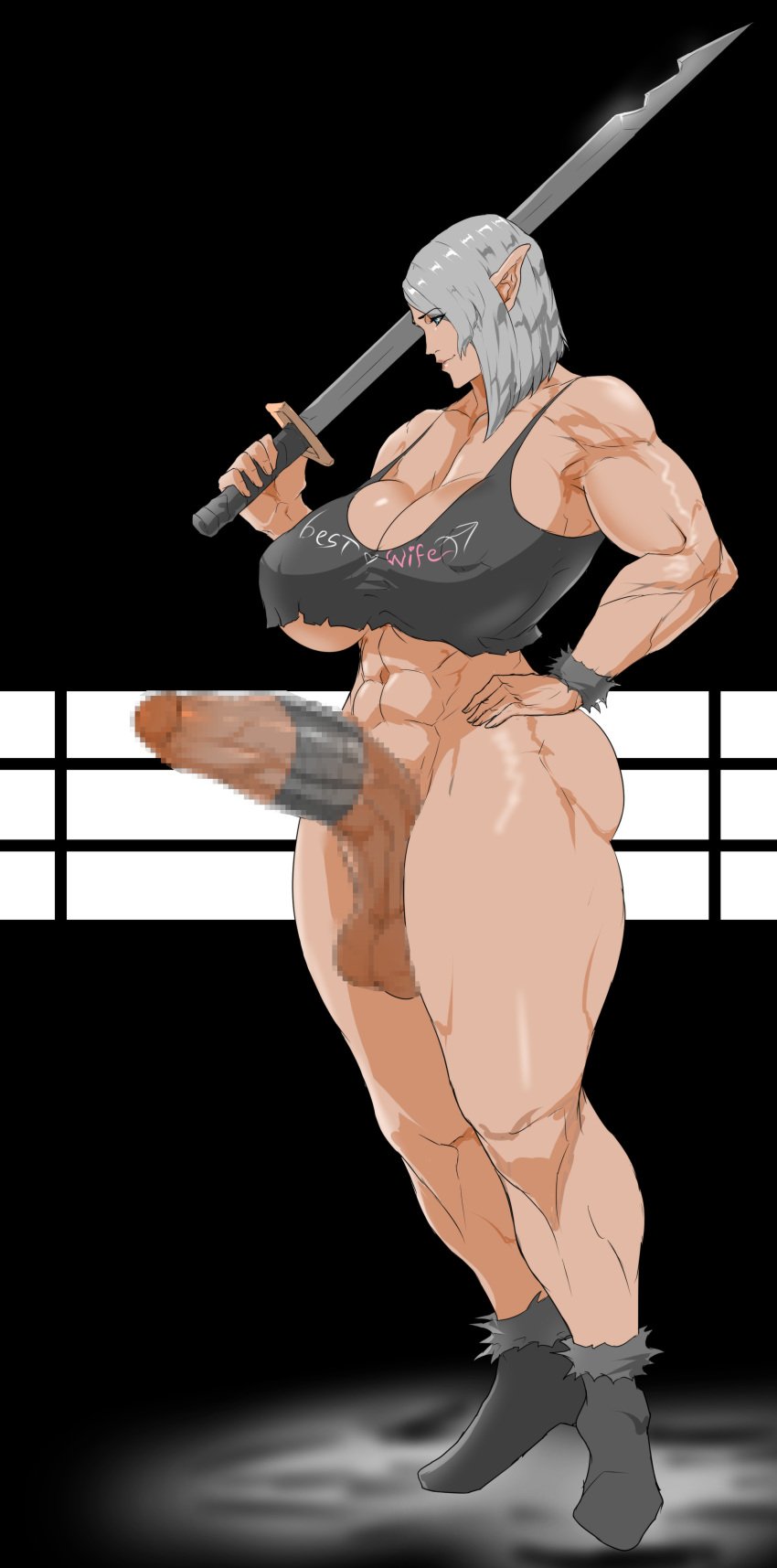 1futa abs balls bottomless breasts censored clothed clothing elf elf_ears erection futa_only futanari gray_hair huge_cock humanoid humanoid_penis light-skinned_futanari light_skin mosaic_censoring mostly_nude muscular muscular_futanari penis pointy_ears solo standing sword tanktop tenchizone underboob