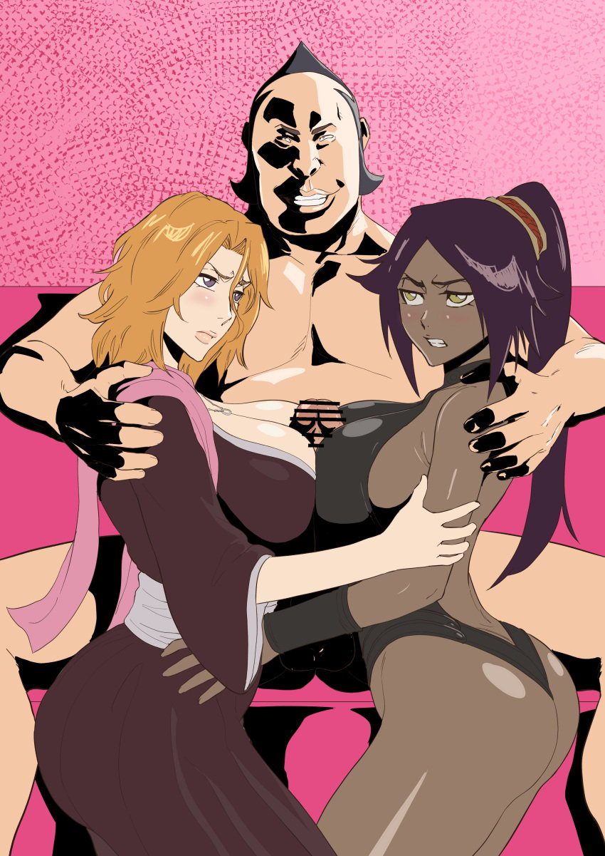 1boy 2girls absurdres ass big_breasts black_hair bleach breasts censored cleavage clothed_female_nude_male clothed_sex collaborative_sex collaborative_titfuck dark-skinned_female dark_skin disgusted double_paizuri ffm ffm_threesome height_difference highres huge_breasts interracial iwao178 kimono large_breasts leotard light-skinned_female light-skinned_male light_skin massive_penis matsumoto_rangiku multiple_girls oomaeda_marechiyo orange_hair paizuri pimp ponytail purple_hair shihouin_yoruichi size_difference smaller_female taller_male teamwork ugly_man voluptuous