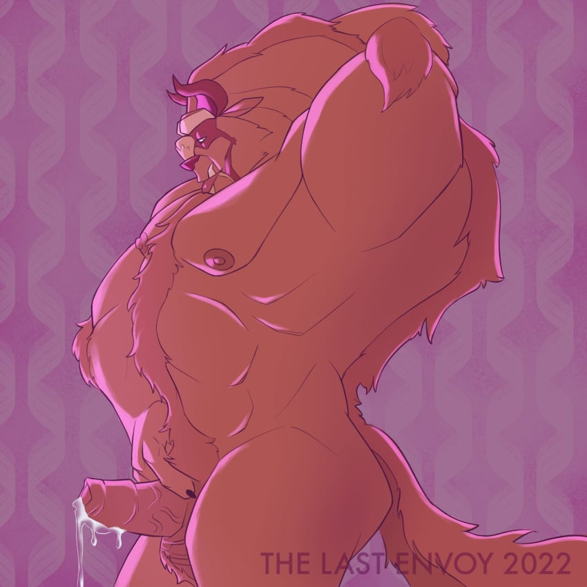 anthro arm_over_head beast_(disney) blue_eyes bodily_fluids fangs foreskin genital_fluids genitals hi_res horn leaking_precum male male_only monster muscular muscular_male penis precum solo the_last_envoy underbite