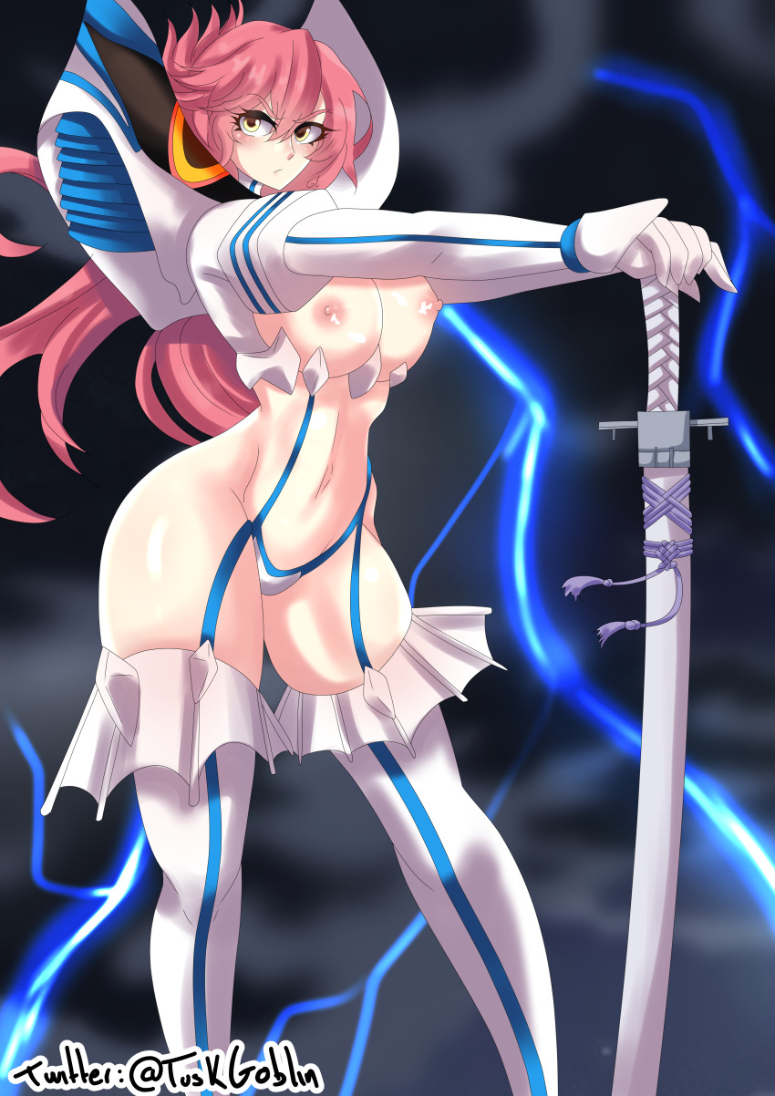 breasts cosplay eiyuu_densetsu exposed_torso female footwear handwear junketsu junketsu_(cosplay) kill_la_kill kiryuuin_satsuki_(cosplay) nipples pink_hair ponytail sara_valestein trails_of_cold_steel tuskgoblin very_long_hair yellow_eyes