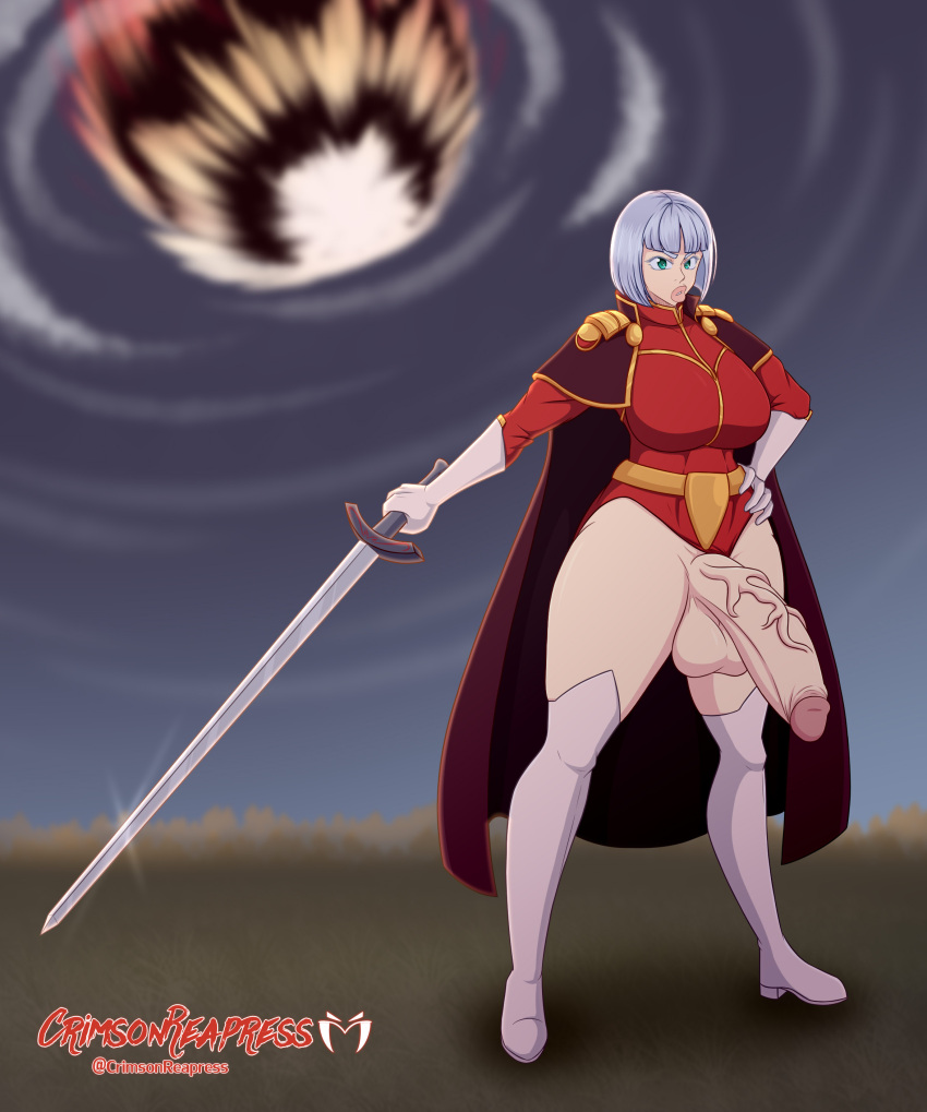 1futa balls big_balls bob_cut bottomless breasts cape clothed clothing crimsonreapress fire_emblem fire_emblem:_genealogy_of_the_holy_war flaccid futa_only futanari holding_weapon huge_breasts huge_cock human light-skinned_futanari light_skin long_boots meteor partially_clothed penis solo standing sword vaja_(fire_emblem) veiny_penis white_hair