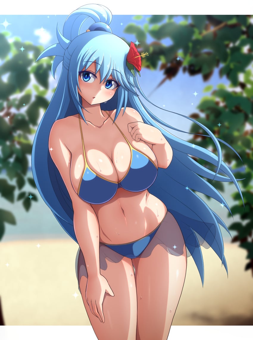 :o aqua_(konosuba) bangs bikini blue_bikini blue_eyes blue_hair blurry blurry_background blush breasts cleavage collarbone female flower hair_flower hair_ornament hand_on_own_chest hand_on_own_thigh head_tilt highres kono_subarashii_sekai_ni_shukufuku_wo! looking_to_the_side midriff navel ponpo ponponmaru red_flower solo swimsuit thick_thighs thighs wet