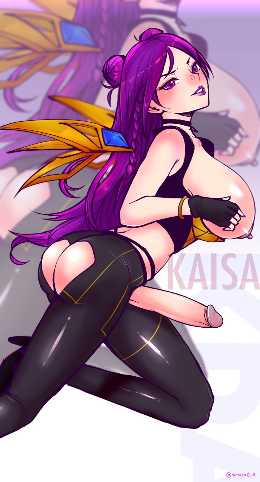 1futa alternate_costume areolae ass big_breasts big_penis breasts clothed clothing erection futa_only futanari human k/da_kai'sa k/da_series kai'sa large_breasts league_of_legends light-skinned_futanari light_skin littlemedecine looking_at_viewer looking_back nipples partially_clothed penis purple_hair self_upload solo tinnies