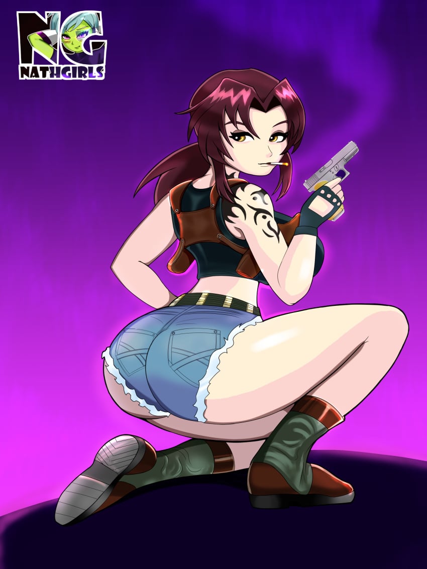 1girls anime_style ass big_ass black_lagoon boots booty_shorts cigarette female female_only fully_clothed gun nathgirls ponytail revy showing_off smoking solo tattoo