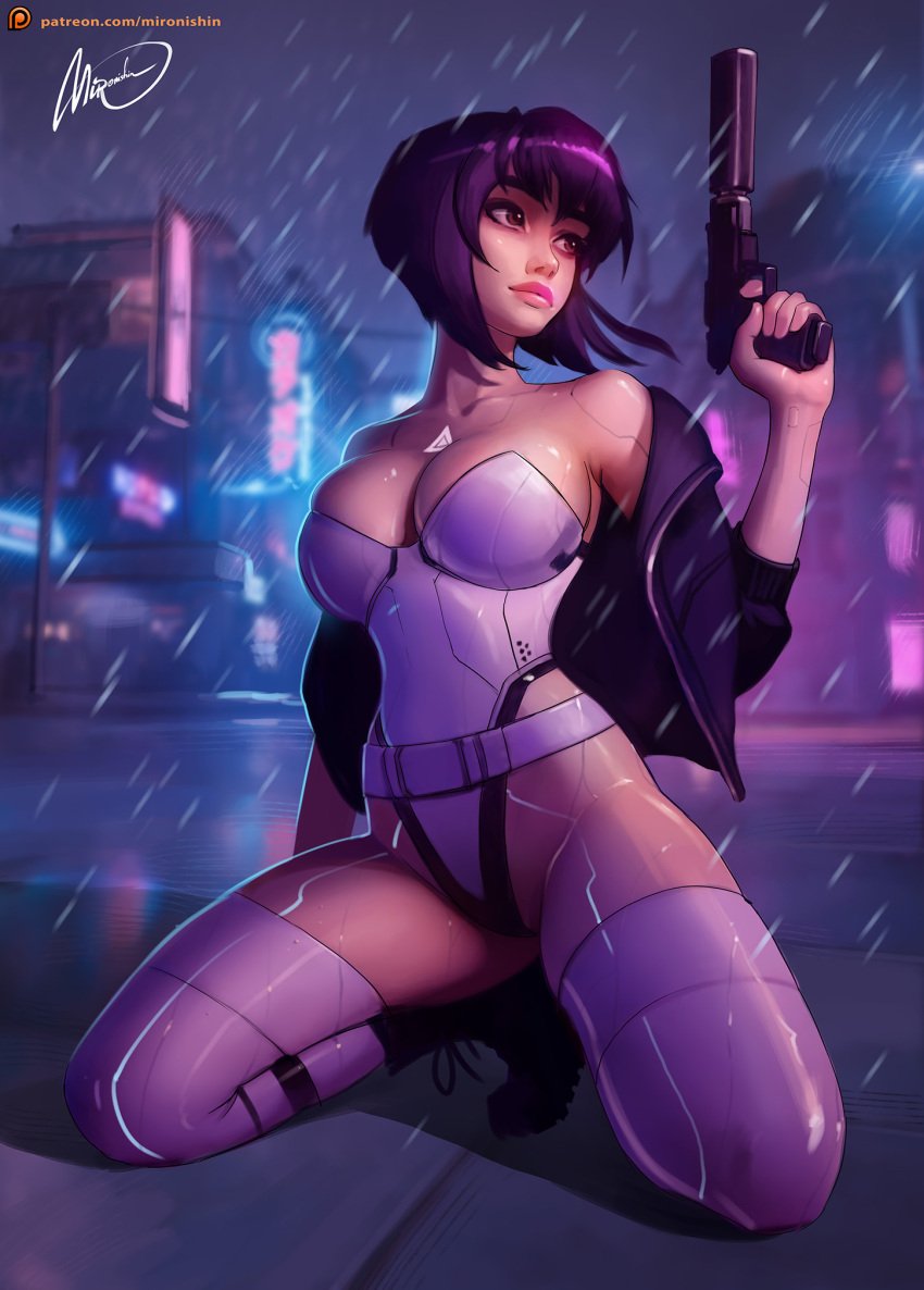 bare_shoulders cleavage clothed clothing cyberpunk cyborg female firearm ghost_in_the_shell ghost_in_the_shell_stand_alone_complex gun handgun human jacket kneeling kusanagi_motoko large_breasts legwear mironishin night outdoors outerwear pale_skin pinup pistol pose public rain raining short_hair suppressor weapon