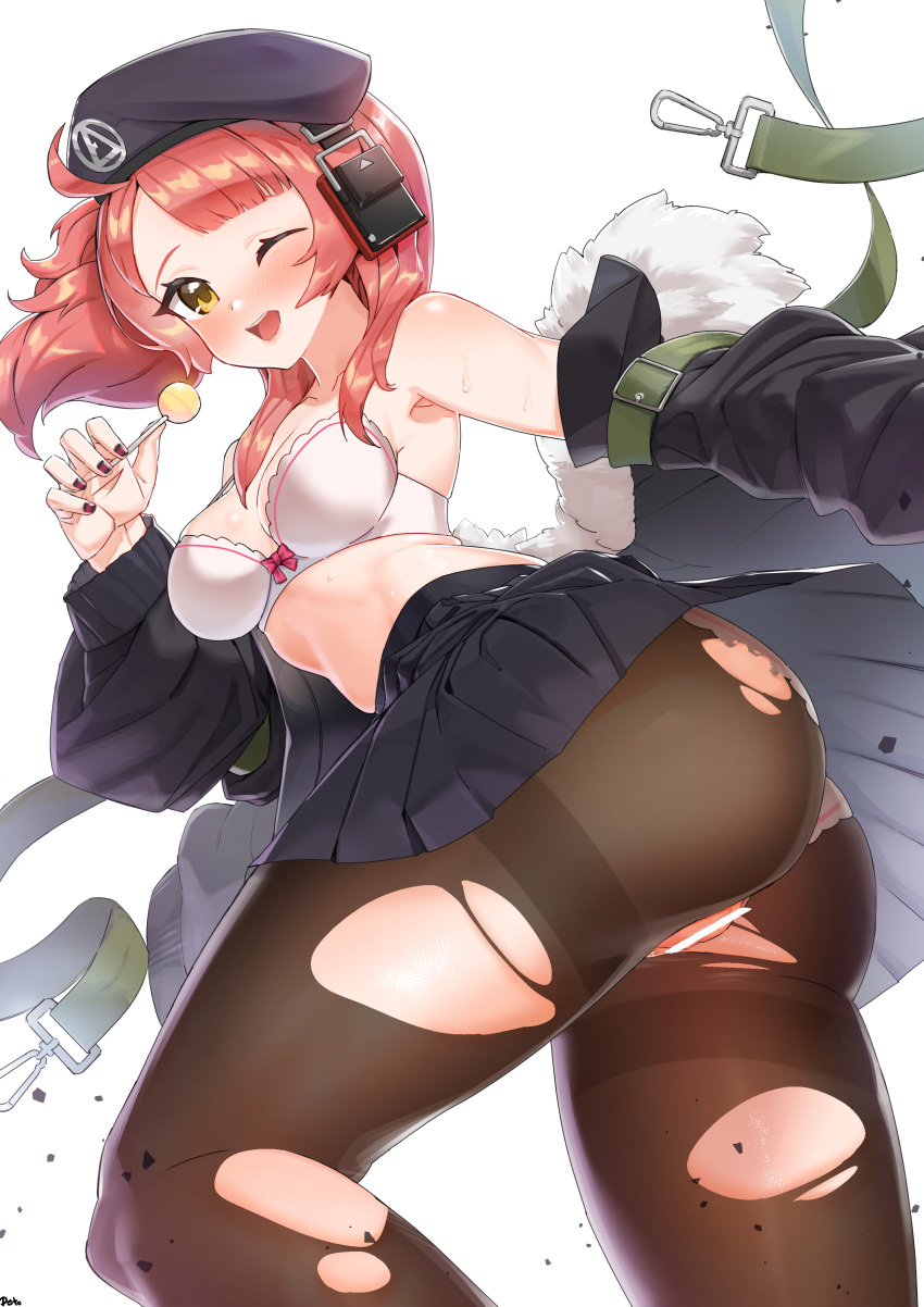 absurdres ahoge ass bangs beret blunt_bangs blush bra breasts candy female food girls'_frontline hat highres kakikukeko556 lollipop medium_breasts medium_hair mp7_(girls'_frontline) nail_polish one_eye_closed panties panties_under_pantyhose pantyhose partially_undressed pussy red_hair side_ponytail skindentation smile solo thighband_pantyhose torn_pantyhose underwear yellow_eyes