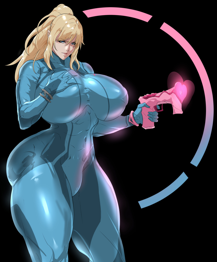 1futa ass big_breasts blonde_hair bodysuit breast_grab breasts bulge clothed clothing curvaceous curvy flaccid fully_clothed futa_only futanari hourglass_figure huge_ass huge_breasts human light-skinned_futanari light_skin metroid samus_aran skin_tight solo solo_futa standing tenchizone thick_thighs voluptuous