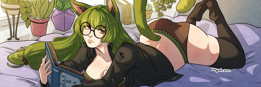 1girls bent_legs big_breasts black_thighhighs book cat_ears cat_tail catgirl female female_only glasses green_hair heart-shaped_pupils hi_res kinkymation long_hair looking_at_viewer lying lying_on_stomach mole mole_on_breast panties red_eyes round_glasses solo solo_female tail thick_thighs thighhighs unamused virginia_(kinkymation) virgo_(zodiac) wide_image zodicat