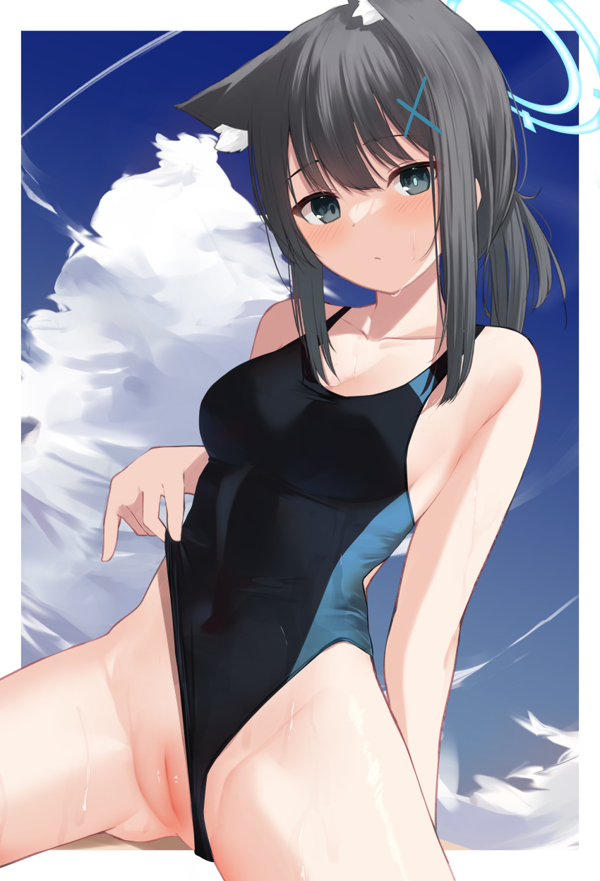 absurdres animal_ear_fluff animal_ears black_eyes black_hair black_one-piece_swimsuit blue_archive blue_sky blush breasts cleft_of_venus closed_mouth clothing_aside cloud collarbone commentary_request competition_swimsuit covered_navel day female highleg highres looking_at_viewer medium_breasts memekko one-piece_swimsuit shiroko_(blue_archive) shiroko_(swimsuit)_(blue_archive) sky solo swimsuit swimsuit_aside thighs wet