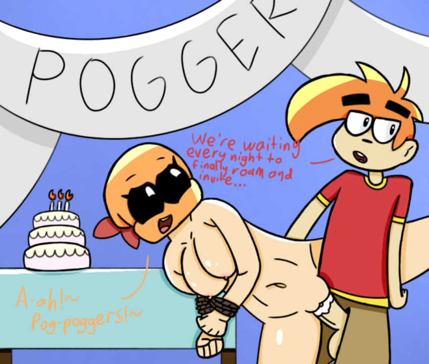 18th_birthday 1boy 1boy1girl beanie birthday_cake bound_wrists cake cum female ls_mark_(character) meme orange_text penis poggers red_text shorts text vaginal_penetration xploshi_(character) youtube zipper