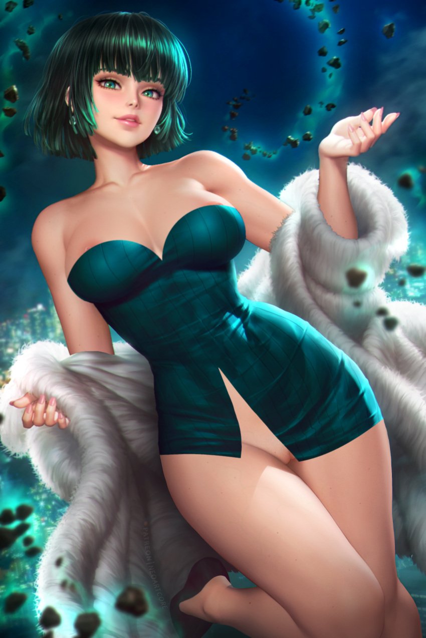 areola_slip areolae dress_slit edited erect_nipples figure_hugging fubuki_(one-punch_man) fur fur_coat green_eyes green_hair hairless_pussy hartman_hips hourglass_figure large_breasts looking_at_viewer neoartcore nipple_slip nudtawut_thongmai one-punch_man pussy pussy_slip shaved_pussy short_dress slim_waist standing thighs uncensored upskirt wide_hips