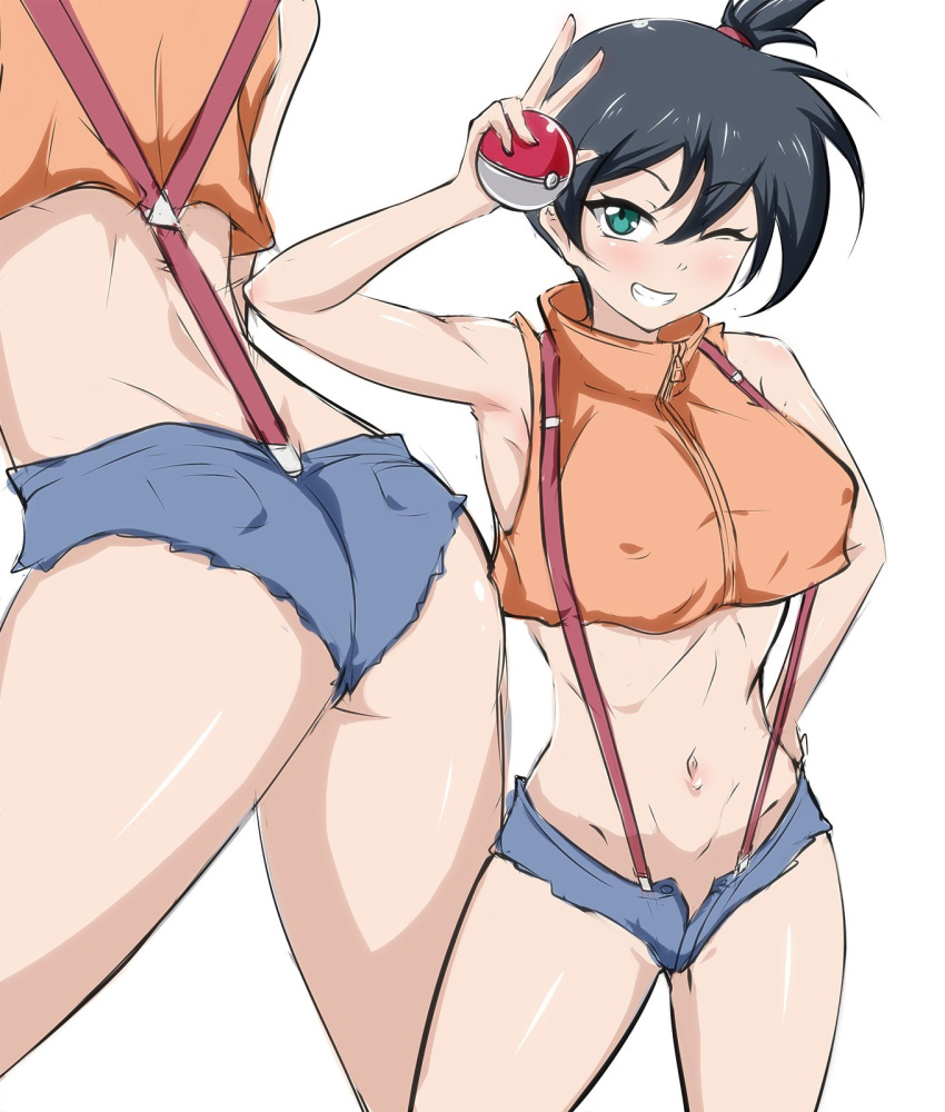 armpits ass asymmetrical_hair black_hair blush breasts clothing danpu dat_ass denim denim_shorts erect_nipples erect_nipples_under_clothes female game_freak green_eyes high_resolution holding holding_object holding_poke_ball kasumi_(pokemon) large_breasts legs navel nintendo nipples one_eye_closed poke_ball pokemon pokemon_(game) pokemon_(manga) pokemon_rgby ponytail sex_toy shirt shorts side_ponytail solo suspenders swimsuit tank_top the_electric_tale_of_pikachu thighs tied_hair wink yellow_shirt