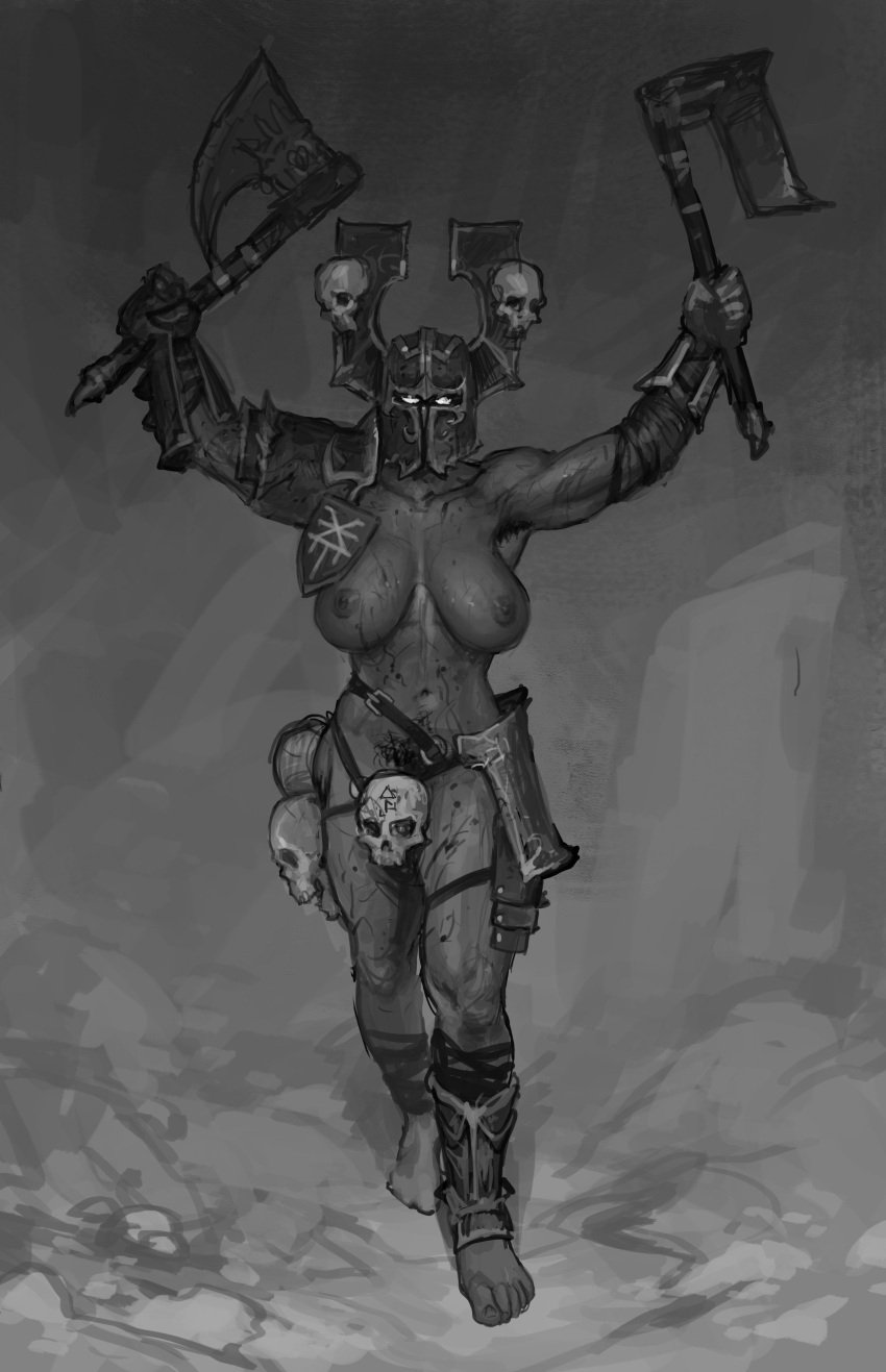 1girls armor big_breasts black_and_white chaos_(warhammer) chaos_cultist female female_only functionally_nude grayscale greyscale helmet justsomenoob khorne monochrome muscular muscular_female pubic_hair skull slaves_to_darkness solo solo_female warhammer_(franchise) warhammer_fantasy warrior_of_chaos weapon