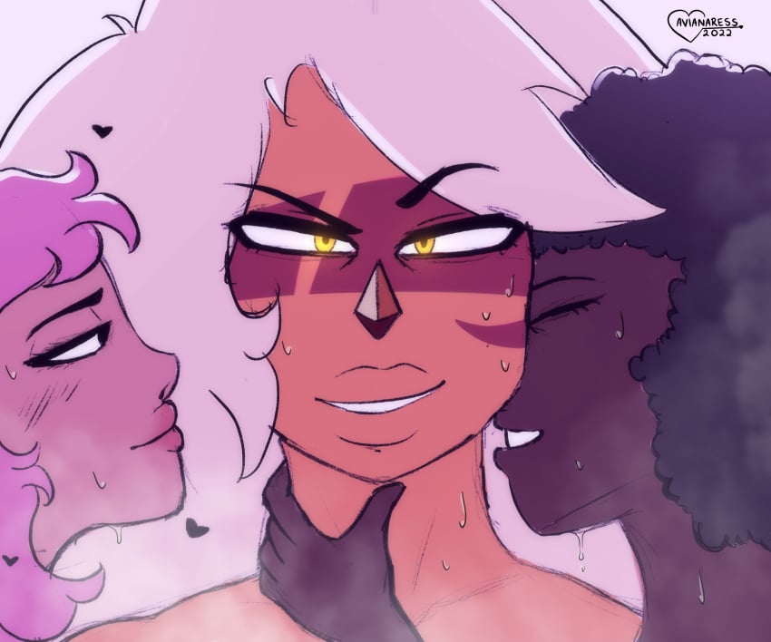 3girls afro avianaress blonde_hair garnet_(steven_universe) grinning jasper_(steven_universe) lesbian lesbians pink_hair rose_quartz_(steven_universe) smile smirk smirking steamy steamy_breath steven_universe sweaty threesome yuri