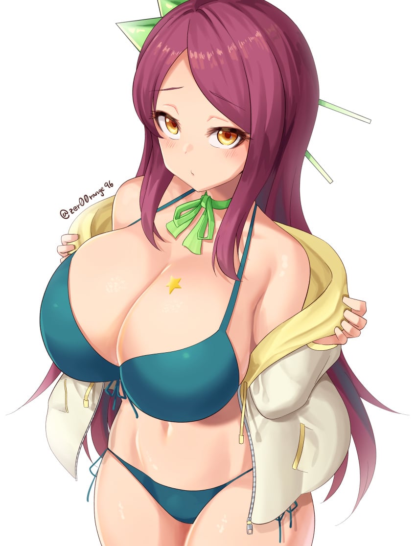 1girls ajidot bikini blush bowtie breasts cleavage commission female hair_ornament hi_res huge_breasts jacket long_hair navel open_jacket original purple_hair solo white_background yellow_eyes