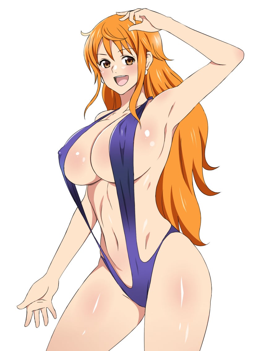 1girls armpits big_breasts brown_eyes female female_only kagemusha nami one_piece orange_hair post-timeskip solo solo_female swimsuit