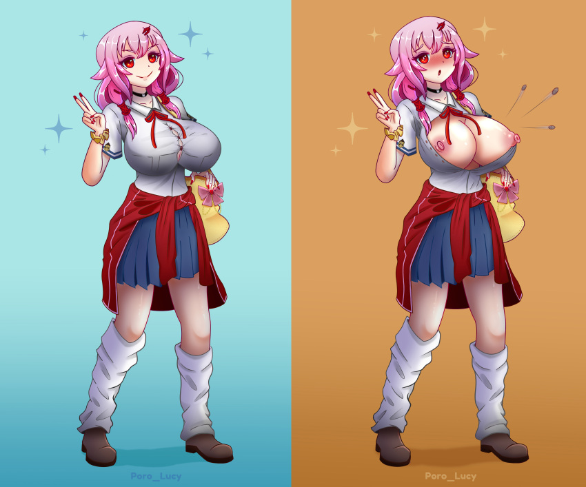 artist_name breasts gigantic_breasts guilty_crown inori kneehighs loose_socks nipples oppai pink_hair poro_lucy_(artist) school_uniform self_upload socks white_socks yuzuriha_inori