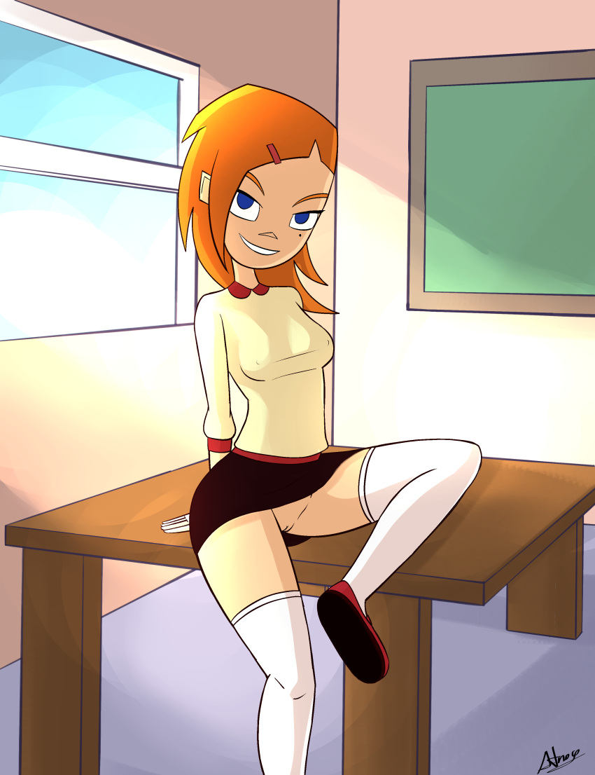 1girls atnog black_skirt cleft_of_venus disney ginger heidi_weinerman indoors miniskirt mole_under_eye no_panties on_desk orange_hair pencil_skirt pussy randy_cunningham:_9th_grade_ninja school_uniform sitting small_breasts smirk socks solo thigh_socks thighhighs underskirt white_socks white_thighhighs window