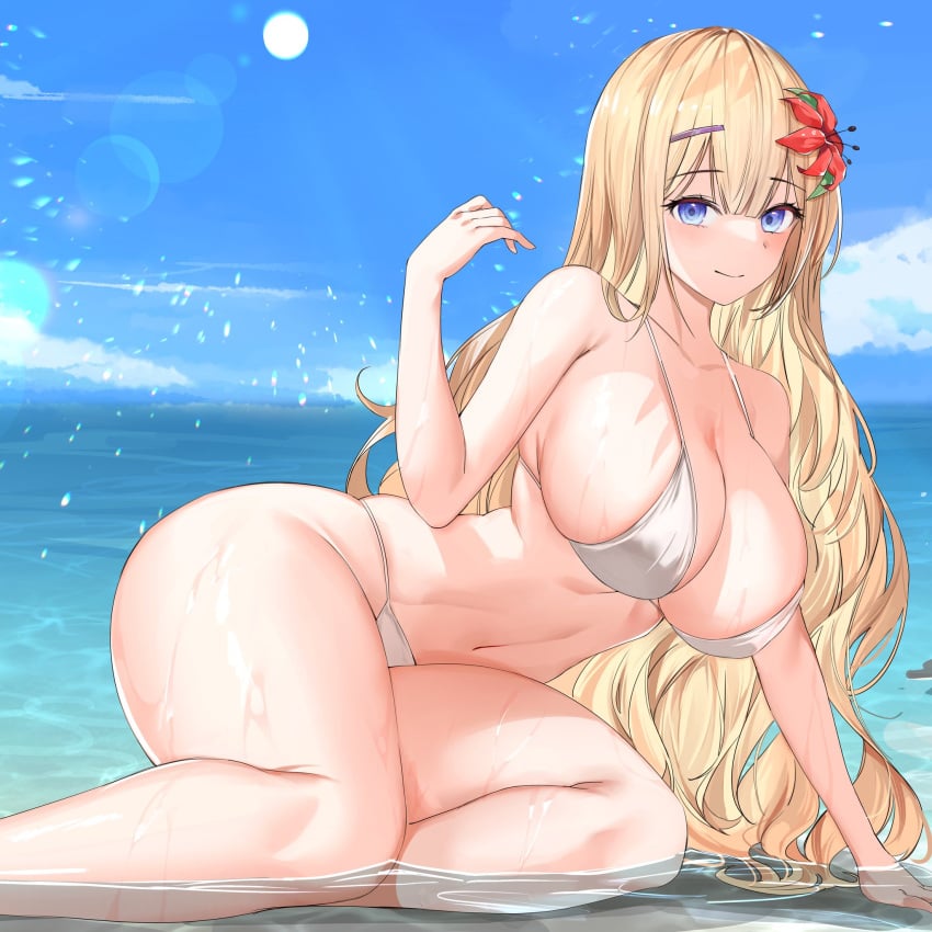 1girls 2022 beach big_breasts bikini_top blonde_hair bulging_breasts curvaceous curvy_female curvy_figure lillly long_hair looking_at_viewer milf original original_characters silver_bikini_bottom solo_female tagme voluptuous