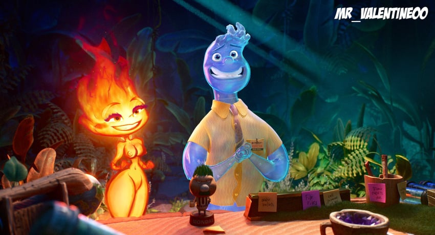 1boy 1girls accurate_art_style ass background big_breasts breasts clothed clothing detailed_background disney duo edit edited_screencap elemental_(pixar) elemental_creature elemental_humanoid ember_lumen eyelashes female fire fire_creature fire_humanoid flaming_hair half-closed_eyes hi_res humanoid male mr_valentine00 naked naked_female narrowed_eyes nipples nude nude_female pixar pseudo_hair screenshot_background screenshot_edit smile thick_thighs wade_ripple water