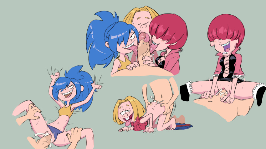 1boy 3girls 4_fingers ahe_gao alternate_hairstyle artist_request blonde_hair blue_hair blue_mary blue_mary_(cosplay) buckteeth cartoon_network clothing cowgirl_position doggy_style ed_edd_n_eddy female fingers freckles hair hair_over_eyes kanker_sisters king_of_fighters lee_kanker leona_heidern leona_heidern_(cosplay) male male/female marie_kanker may_kanker nails navel nude nude_male_clothed_female open_mouth open_smile oral penis_lick ponytail red_hair sex shermie_(cosplay) shermie_(kof) simple_background straight sweat tongue tongue_out vaginal_penetration