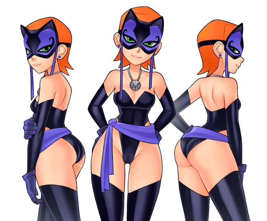 1girls ben_10 breasts cameltoe cartoon_network crotch ear_piercing elbow_gloves female female_only gloves green_eyes gwen_tennyson highleg_leotard legs leotard loodncrood lucky_girl mask orange_hair purple_clothing purple_leotard small_breasts solo thighhighs thighs white_background