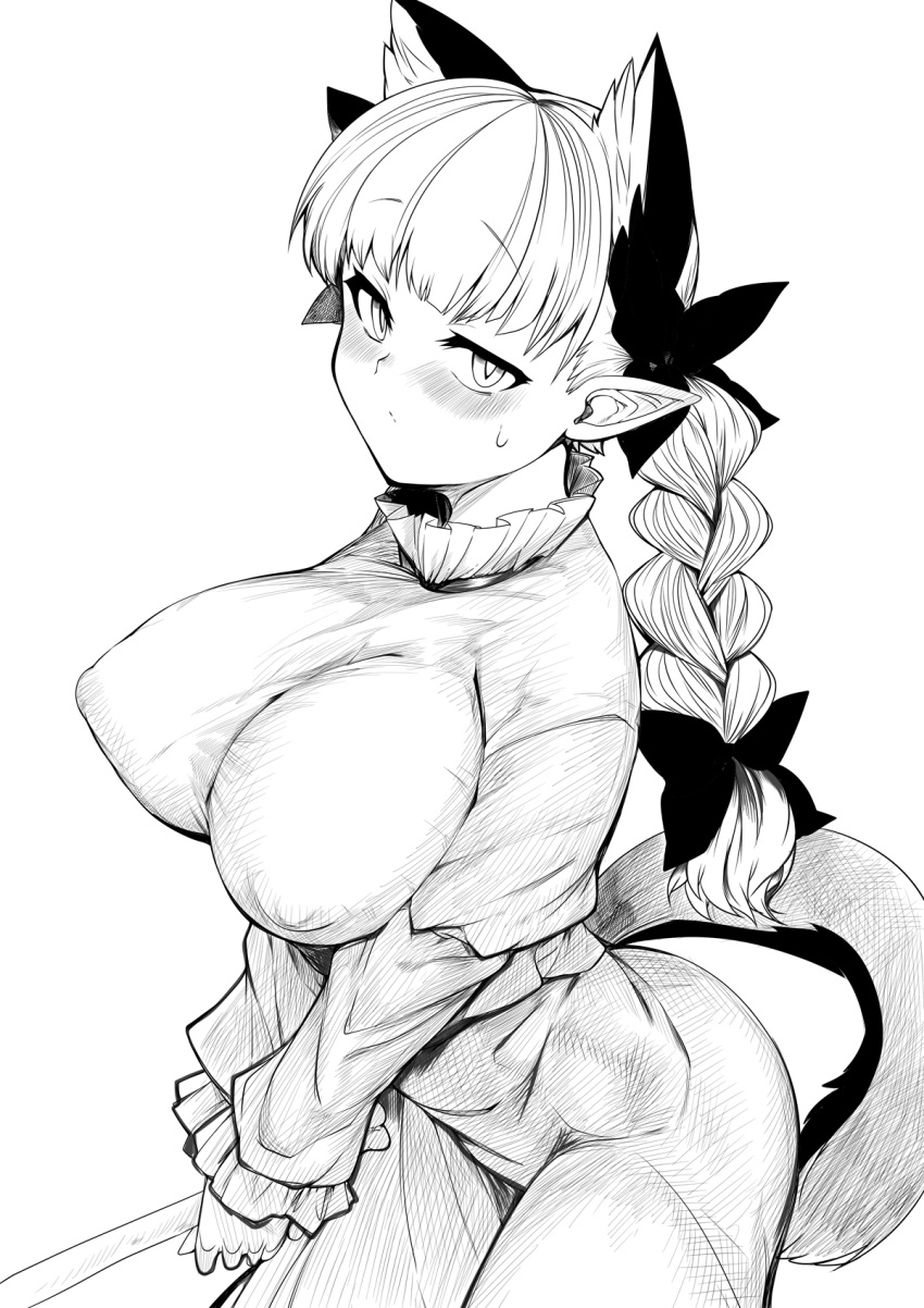 animal_ears blush bow braid breasts cat_ears covered_erect_nipples female hairbow highres kaenbyou_rin long_hair mizuga monochrome multi_ear multi_tail pointy_ears rin_kaenbyou solo tail touhou